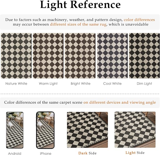 HUGEAR 8x10 Outdoor Rug Black/Beige Linen-Look Fabric Checkered Area Rug High Traffic Stain Resistant Easy Clean Durable Rugs for Indoor/Outdoor Patio Deck Balcony Porch Garden Courtyard