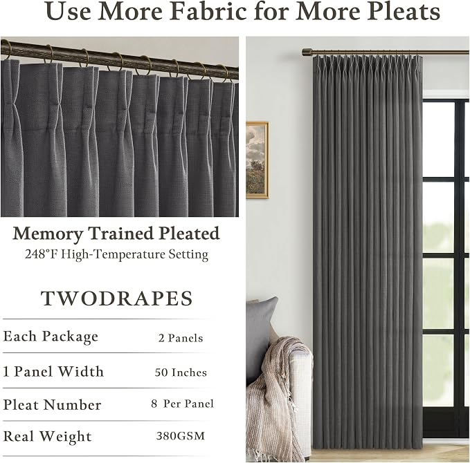 Gray Linen Pinch Pleated Curtains 108 Inches Long 2 Panels for Living Room Bedroom Light Filtering Linen Drapes 108 Inch Length Charcoal Grey Semi Sheer Memory Shape Trained Ceiling Floor Curtain 9Ft