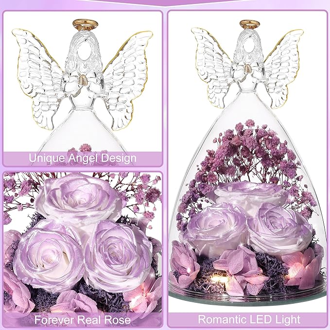 Mothers Day Rose Gifts for Women Preserved Real Flower in Glass Angel Figurines Roses for Delivery Prime Birthday Gifts for Mom Grandma Girlfriend Wife Her, Pearlescent Purple