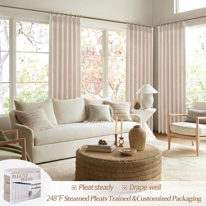 PleatedDrapes Textured Semi Sheer Burlap Curtains 84 Inches Long, Neutral Country Tan Beige Flax Linen Ceiling Track Light Filtering Curtains for Sliding Glass Door/Ofiice 2 Panels Hooks Privacy Drape