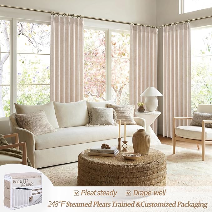 Unique Thick Natural Linen Pleat 86 Inch Curtains 2 Panels Set for Kids Bedroom, Country Farmhouse Memory Trained Pinch Pleated Burlap Light Filtering Sheer 40 x 86 Inches Length for Office with Hooks