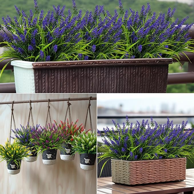 Nigirior Artificial Flowers for Outdoor Plants 24 Bundles Fake Lavender Plastic Faux Monkey Grass for Verandah Window Garden Office Patio Front Porch UV Resistant for Planter(Purple)