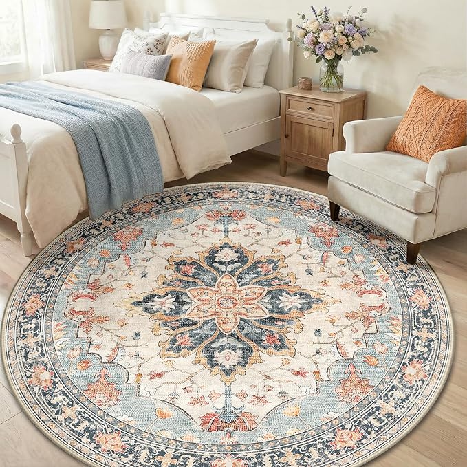 RELEANY Area Rugs 6ft Washable Non-Slip, Floral Vintage Distress Print Pattern Medallion Carpet for Living Room Bedroom Dining Room, Beige Navy Blue Orange Colorful