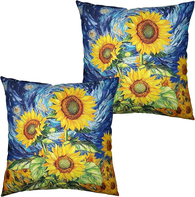 Sunflower Pillow Covers 22x22 Set of 2 Van Gogh Starry Night Throw Pillow Covers Oil Painting Sunflowers Pillow Case Spring Summer Cotton Linen Cushion Case for Sofa Garden Patio