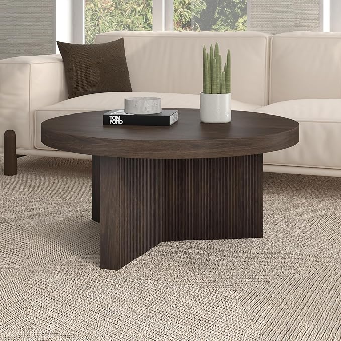 Henn&Hart 32" Fluted Round Low-Profile Coffee Table with Ribbed Pedestal Base Living Room, Family Room, Office, or Apartment, Rich Brown