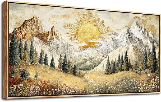 XIGUANGART Framed Large Canavs Wall Art,Mountain Wall Art,Wildflower Forest Art,Modern Farmhouse Decor,Living Room Pictures Paintings,Sunrise Artwork for Walls,Landscape Bedroom Office Decorations