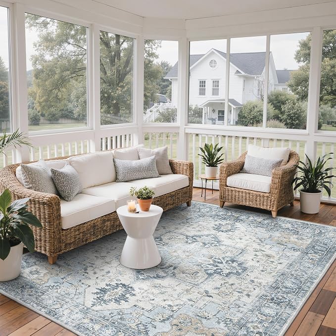 GENIMO Indoor & Outdoor Area Rug 8'x10', Waterproof, Non-Shedding, Easy Cleaning, Boho Mat for Patio, Living Room, Balcony, Dining Room, RV, Deck, Bedroom, Camping, Outside Carpet, Blue