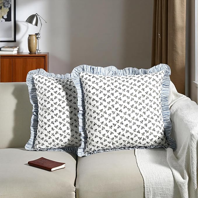 Ridhi Block Print Baby Blossoms Throw Pillow Cover 20" x 20" (Pack of 2) Decorative Cushion Covers with Ruffle for Couch, Sofa, Bed, Living Room, Home Decor Gift for Spring, Easter, Valentine