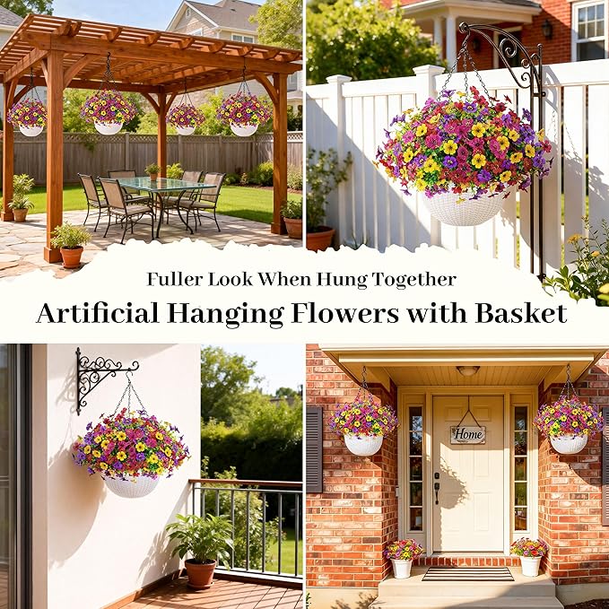Der Rose Artificial Hanging Flowers Basket for Faux Plants Outdoors UV Resistant Fake Hanging Spring Flowers in Basket for Patio Balcony Farmhouse Outside Decor