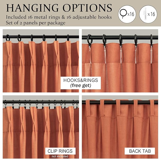 Burnt Orange Linen Pleated Curtains 90 Inches Long for Living Room Bedroom 2 Panel Boho Farmhouse Western Home Decor Fall Terracotta Rust Colored Orange Drape for Patio Door Pinch Pleat Track Back Tab