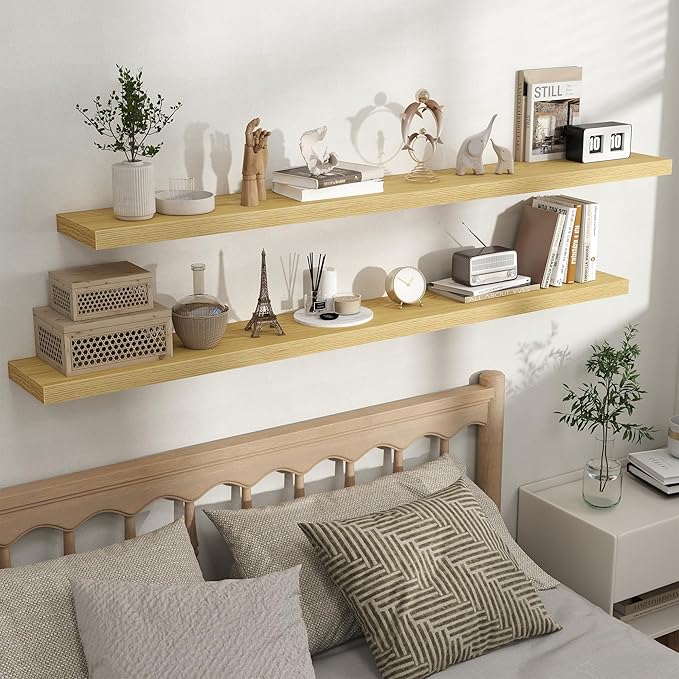 Fun Memories Rustic Wood Floating Shelves for Wall, Space-Saving Wall Mounted Shelves for Bathroom, Bedroom, Living Room and Kitchen, Stylish Storage & Display (Set of 2, Oak, 66 in)