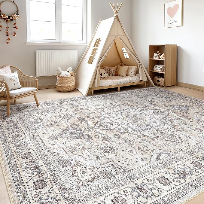 10x12 Area Rug Living Room: Washable Boho Large Neutral Vintage Soft Rugs Stain Resistant Farmhouse Non Slip Indoor Floor Carpet for Bedroom Nursery Kids Playroom Office Dining Room- Ivory Gray