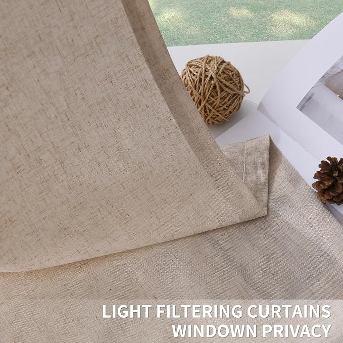 Guken Sand Beige Pinch Pleated Linen Curtains 72 Inches Long 2 Panels Set Vintage Farmhouse Boho Window Curtain for Living Room Bedroom Semi Sheer Back Tab Draps with Hooks Rings Aesthetic Decor
