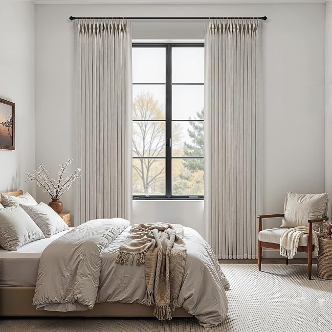 Pinch Pleated Linen Curtains 108 Inches Long 2 Panels for Living Room Bedroom Light Filtering Curtain Memory Shape Trained Pinch Pleat Thick Linen Drapes Back Tab with Hooks Clip Rings Taupe