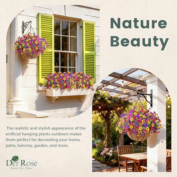 Der Rose 2 Pack Artificial Hanging Flowers Basket for Outdoors Fake Hanging Plants Spring Summer Decoration UV Resistant for Garden Front Porch Patio Balcony Decor