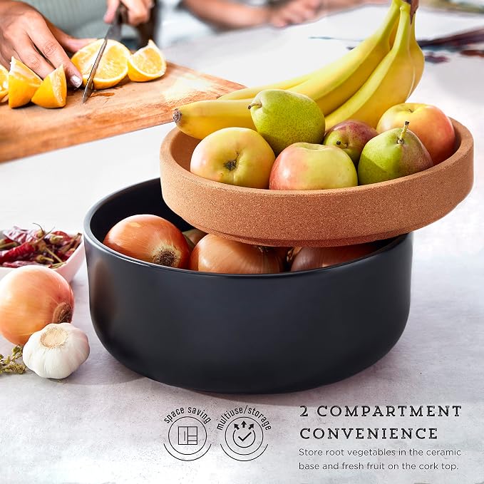 Kamenstein Ceramic and Cork Large Breathable Produce Bowl with Lid to Naturally Extend Produce Freshness, Natural Cork and Black Ceramic