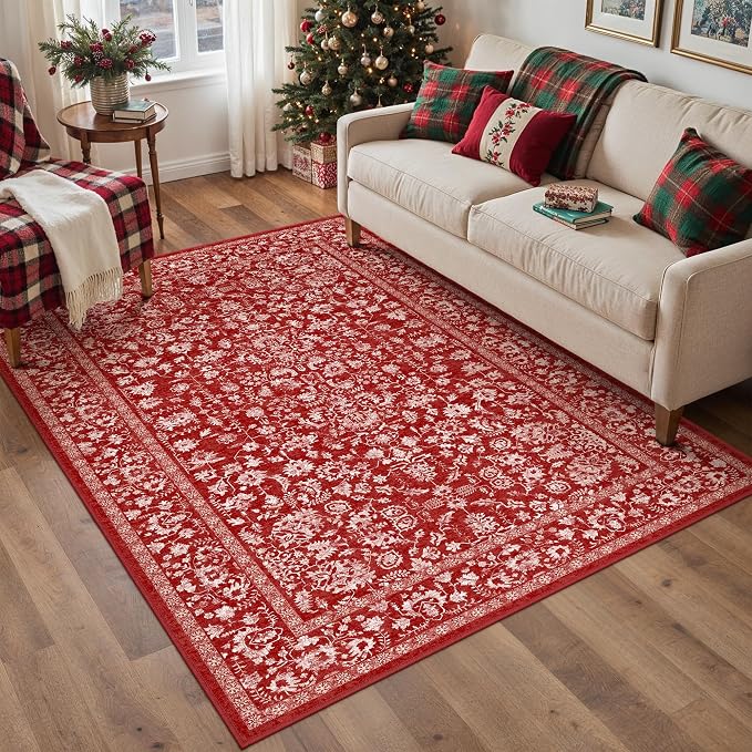 PureCozy Red Area Rug 4x6 Entryway Washable Non Slip Bedroom Carpet Door Mat Vintage Distressed Floral Accent Rug Low Pile Holiday Decorative Soft Doormat for Bathroom Laundry Kitchen