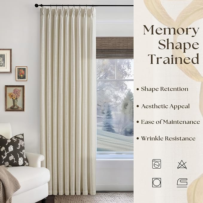 Pinch Pleated Linen 90 Inch Curtains 60 Inch Width for Living Room Divider Light Filtering Thick Linen Extra Wide Patio Curtains for Sliding Door Balcony Floor to Ceiling Window 1 Panel