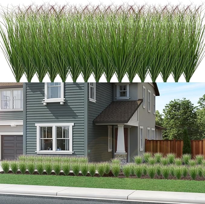 48Pcs Artificial Grass Plants Outdoor Faux Shrubs Wheat Grass Green Onion Grass Artificial Greenery Tall Stems for Indoor Outdoor Office Home Decor（Green Red Tail）