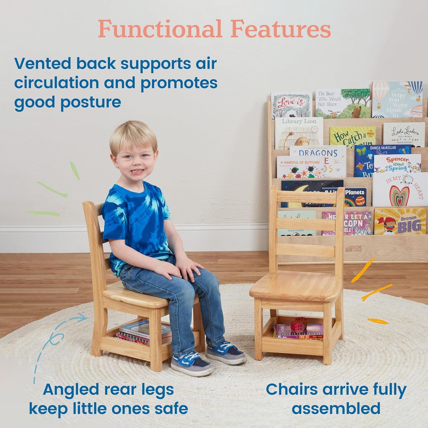 ECR4Kids Three Rung Ladderback Chair with Storage, 10in Seat Height , Classroom Seating, Honey, 2-Pack