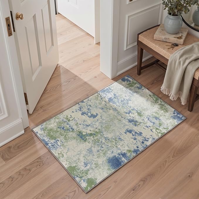 BEIMO 2X5 Runner Rug for Hallway Kitchen, Machine Washable Runners Rug for Entryway, Soft Modern Abstract Throw Rugs, Low Pile Floor Cover with Non Slip Backing, Blue Green Ivory