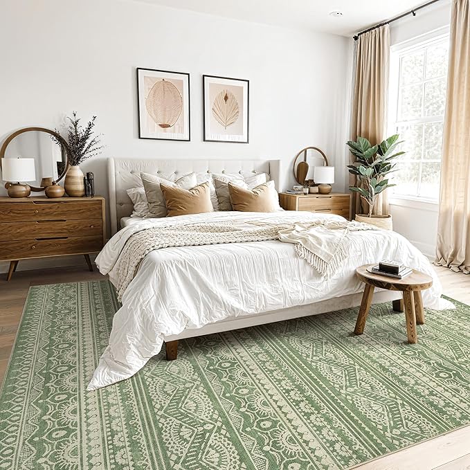 Tortania Area Rug Living Room Rugs - 10x12 Washable Large Soft Neutral Boho Moroccan Bohemian Farmhouse Rug Indoor Floor Carpet for Bedroom Under Dining Table Home Office Decor - Green