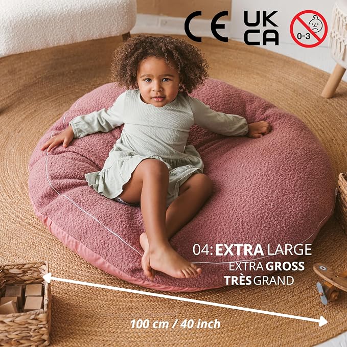 MINICAMP Large Kids Floor Cushion – Ultra Fluffy Washable Bean Bag Chair & Reading Pillow with Boucle Sherpa Cover – Soft Kids Lounger Floor Seat for Playroom, Bedroom or Nursery - Made in EU (Pink)