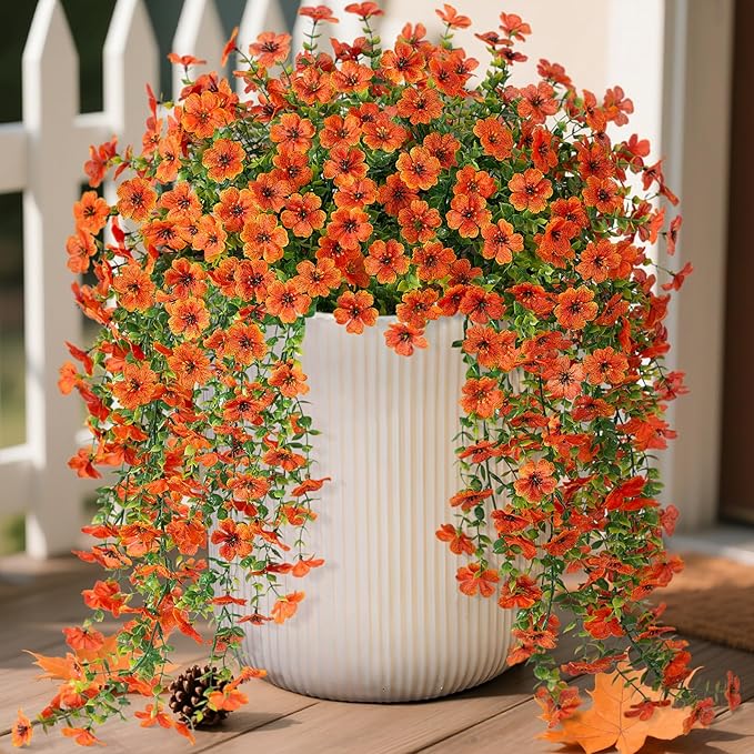 Ammyoo Artificial Hanging Flowers for Outdoors Fake Plants Decoration, 2 Packs Faux Silk Daisy Flower Realistic Outdoor Flowers UV Resistant Porch Patio Window Yard Indoor Spring Decor(Orange)