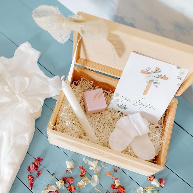 Creative Deco Personalized Wooden Storage Box Baptism Box | 11.8 x 7.87 x 5.51 in (+-0.5) | Candle | Hinged Lid Handles Engraving | Unpainted Gift Box | Rough UNSANDED Keepsake Souvenir Chest