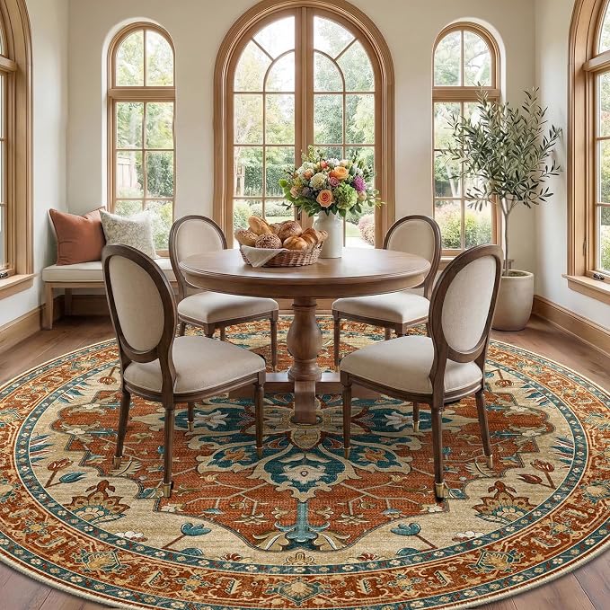 RELEANY Area Rugs Round 10ft Washable Non-Slip, Floral Vintage Distress Medallion Carpet for Living Room Bedroom Dining Room, Red Orange Blue Brown