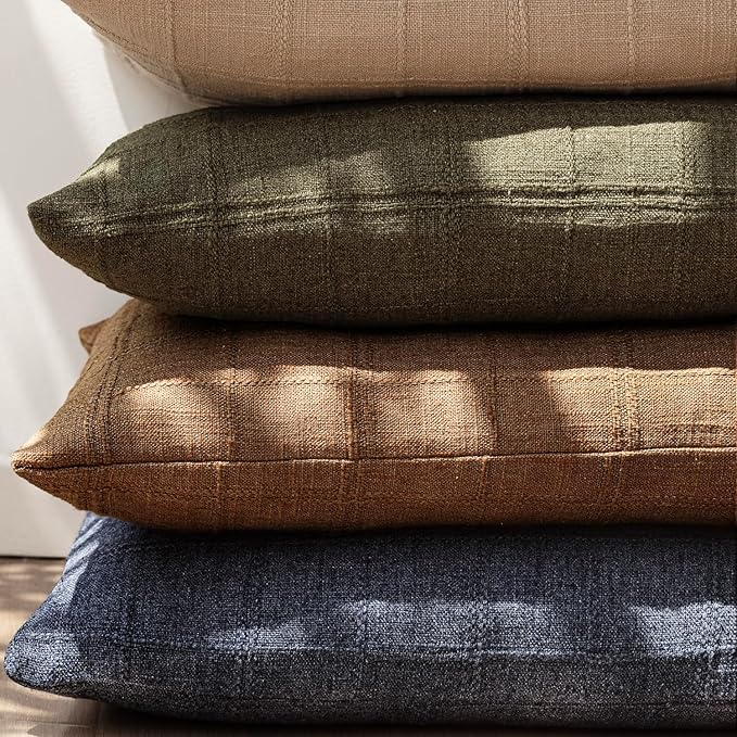 Foindtower Set of 2 Decorative Linen Check Throw Pillow Covers Neutral Farmhouse Vintage Cushion Covers Modern Boho Home Decor for Sofa Chair Couch Bedroom Living Room,20×20 Inch,Brick