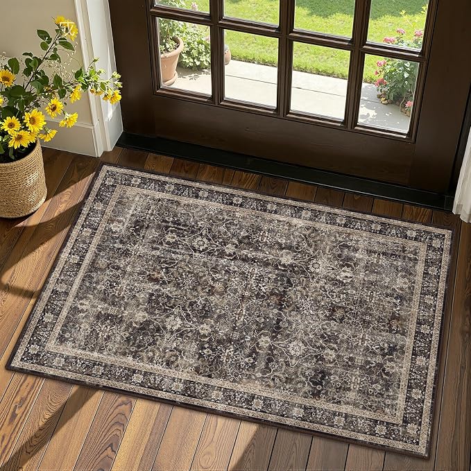Dark Washable Entryway Rug 2x3, Mid-Century Modern Print Kitchen Bathroom Rugs, Vintage Classic Small Rug for Bedroom, Ultra Thin Door Mat Indoor Entrance Non Slip, Earth Tone Brown/Black/Beige