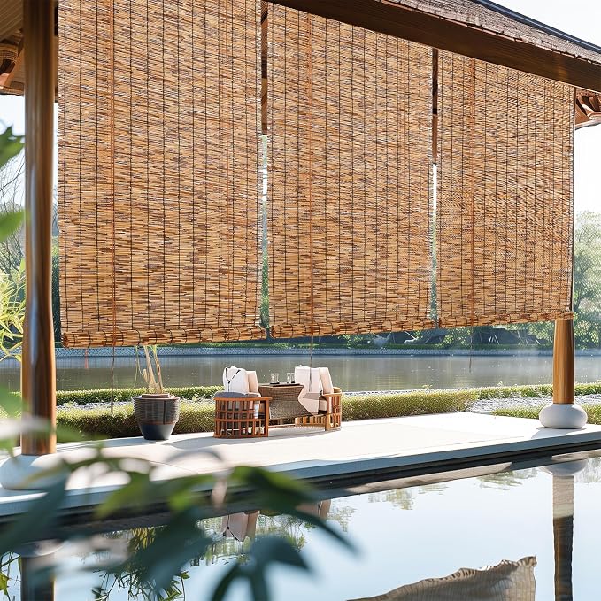 Reed Roller Blinds Shades, Vertical Lifting and Breathable Waterproof Design, Sun Shade and Ventilation, Easy Installation,30" Wx64 H