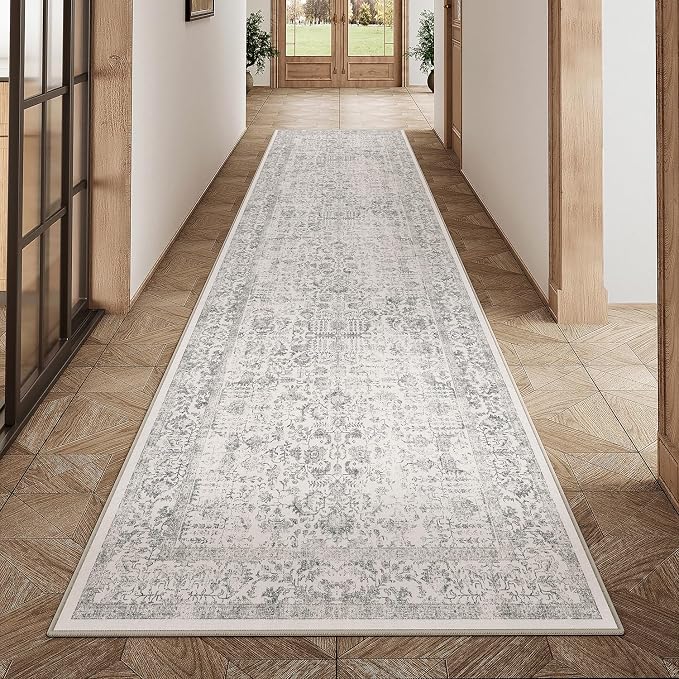 PureCozy Gray Runner Rug 3x10 Hallway Machine Washable Kitchen Vintage Distressed Non Slip Long Carpet Indoor Grey Retro Floral Bedroom Accent Throw Rug for Bathroom Office Laundry Dining Living Room