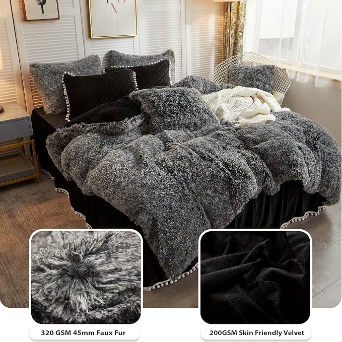 LIFEREVO Luxury Plush Shaggy Duvet Cover Set, Soft Velvet Fluffy Furry Duvet Cover Set(1 Faux Fur Fuzzy Comforter Cover + 1 Pompoms Pillow Sham) Bedding Set, Zipper Closure(Twin/Twin XL,Ombre Black)