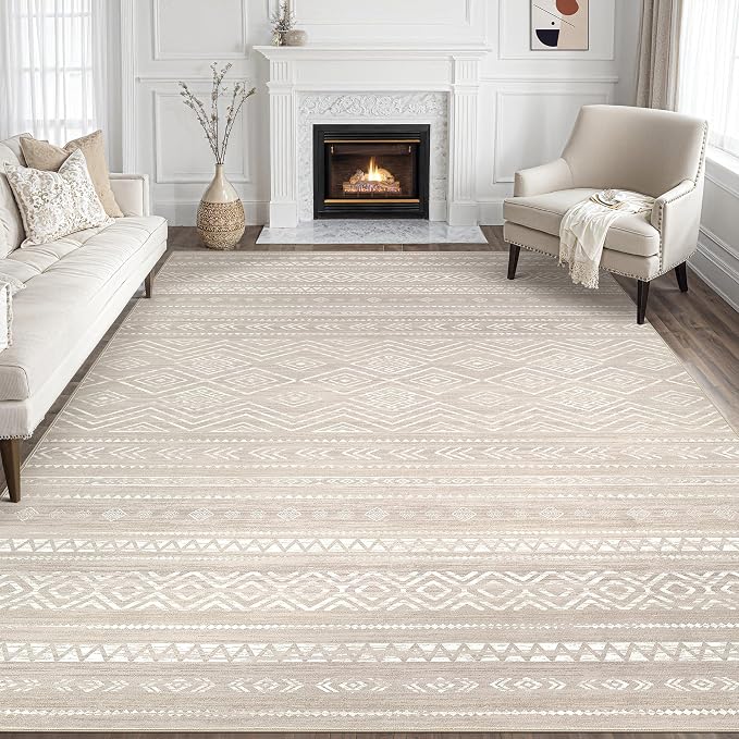 Tortania Area Rug Living Room Rugs - 8x10 Washable Large Soft Neutral Boho Moroccan Bohemian Farmhouse Rug Indoor Floor Carpet for Bedroom Under Dining Table Home Office Decor - Taupe