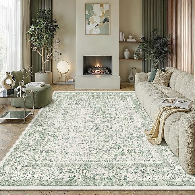 PureCozy Green Area Rug 7x10 Machine Washable Vintage Living Room Distressed Non Slip Carpet Traditional Indoor Bedroom Retro Floral Accent Throw Large Rug for Office Kitchen Dining Room
