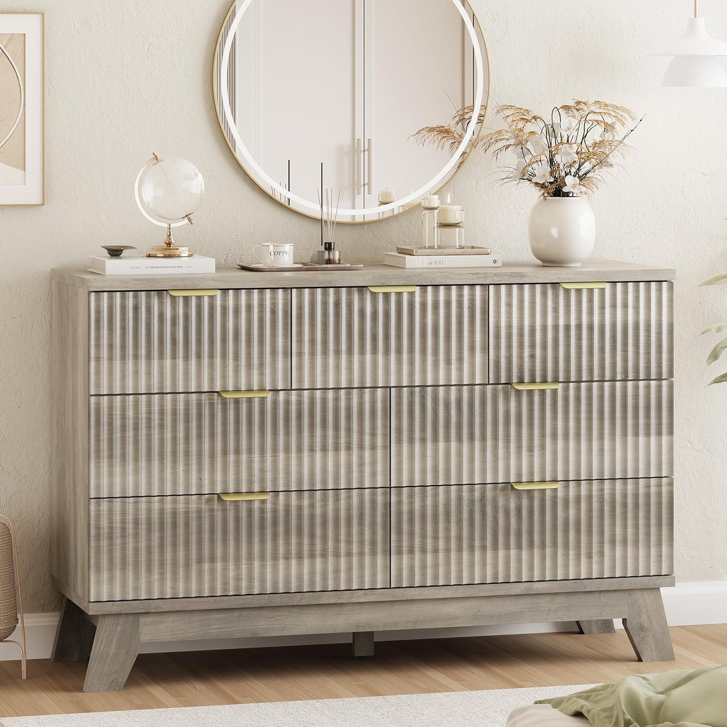 Fluted Dresser for Bedroom with 7 Drawers, 48" Wide Modern Chest of Drawers with Metal Handle, Wood Dresser TV Stand, Wooden Closet Clothes Storage Organizer for Living Room, Hallway, Grey