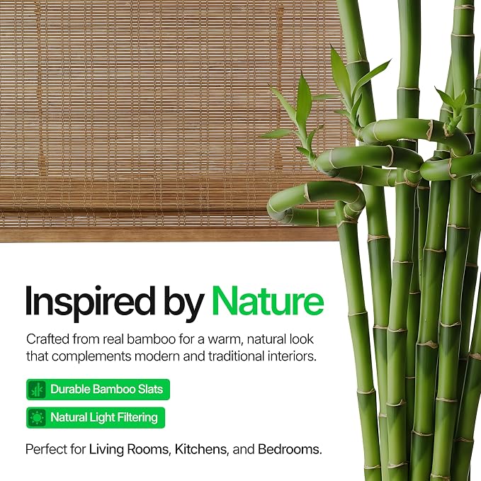 CALYX INTERIORS Cordless Bamboo Roman Shade Blind, Light Filtering, 36" W x 48" H, Ceylon Chestnut