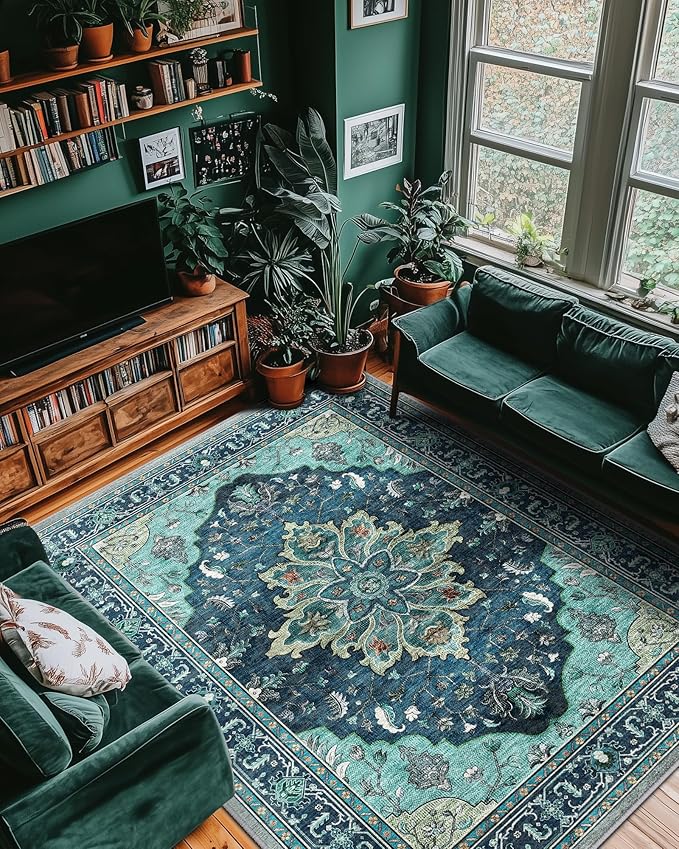 RELEANY Area Rugs 9'x12' Washable Non-Slip, Floral Vintage Distress Print Pattern Medallion Carpet for Living Room Bedroom Dining Room, Teal Green Lake Blue Turquoise