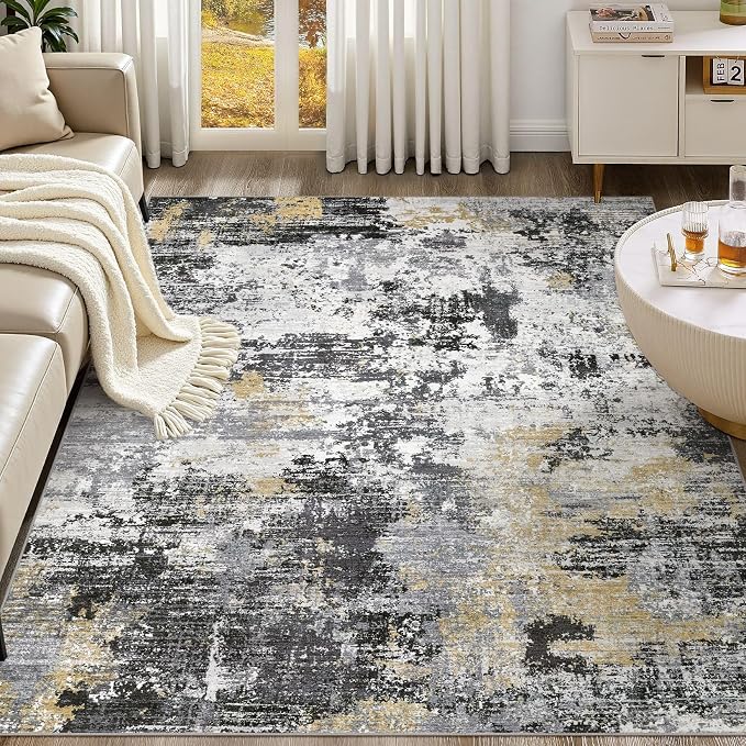 UERMEI 5x7 Area Rug for Living Room - Washable Neutral Modern Abstract Carpet, Non-Slip Soft Large Indoor Floor Rugs for Bedroom Home Office & Under Dining Table Decor, Black/White/Gold