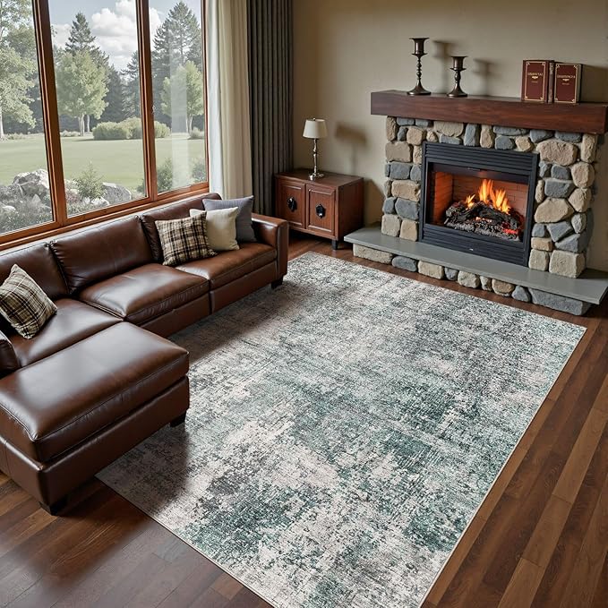 UERMEI 10x14 Area Rug Living Room Rugs - Washable Neutral Modern Abstract Soft Thin Large Rug Indoor Floor No Slip Rug Carpet for Bedroom Under Dining Table Home Office Decor - Green/Grey