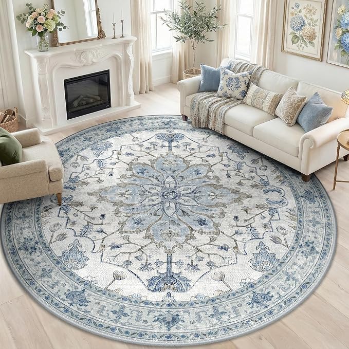 RELEANY Area Rugs 7ft Washable Non-Slip, Floral Vintage Distress Print Pattern Medallion Carpet for Living Room Bedroom Dining Room, Light Blue Navy Beige Gray White
