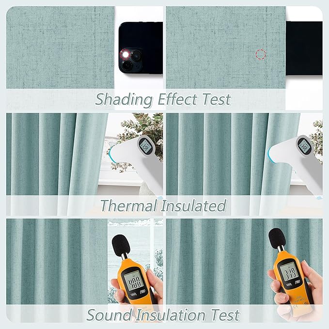 Guken 100% Blackout Linen Curtains 72 Inch Length 2 Panels Set for Living Room Bedroom Back Tab Thermal Insulated Black Out Linen Drapes Room Darkening Window Curtains,Light Blue