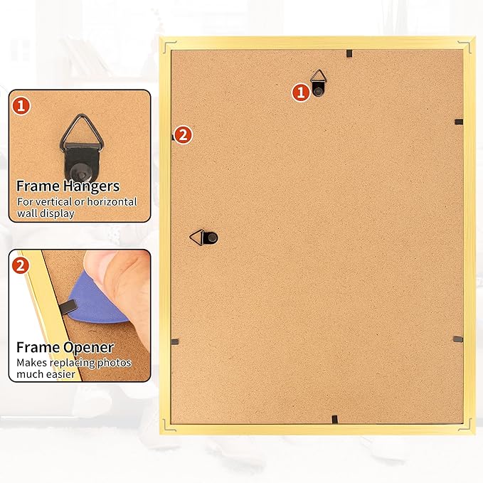 Picture Frames, 8.5 by 11 Diploma Frame, Gold Photo Poster Frames with Clear Plexiglass, 8.5 x 11 Wall Hanging Certificate Frame for Collage Office Home Wall Decor, 2 Pack