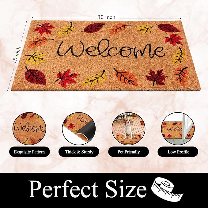 A1HC Natural Coco Coir Door Mat Autumn Leaves Doormat with Heavy Duty Non-Slip PVC Backing - 18" x 30" - Easy to Clean, Welcome Mat for Home, Low-Profile Durable Doormat