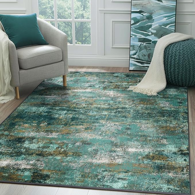 BEIMO Machine Washable Rug 8x10 Area Rugs for Living Room Bedroom, Large Turquoise Abstract Area Rug Soft Throw Rugs, Low-Pile Floor Carpet with Non Slip Rubber Backing