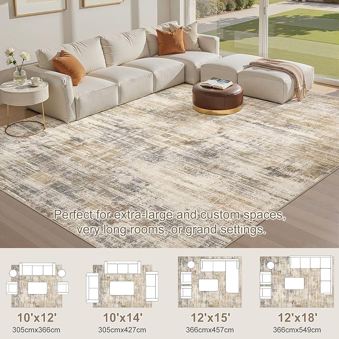 UERMEI 10x14 Washable Area Rug for Living Room: Modern Neutral Abstract Large Soft Low Pile Carpet Non-Slip Pet Kids Friendly Indoor Decor for Bedroom Dining Room Home Office Nursery Golden Brown