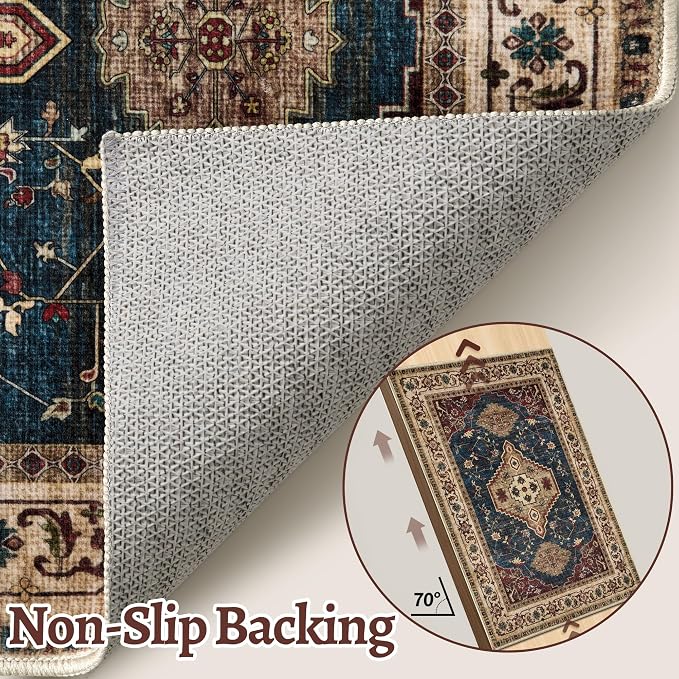 Tangsoo Oriental 2x3 Washable Rugs, Vintage Non Slip Small Area Rug, Indoor Front Door Rug for Entryway, Door Mat Indoor Entrance Soft Low Pile Throw Rugs for Entry Kitchen Bedroom Dark Blue Beige