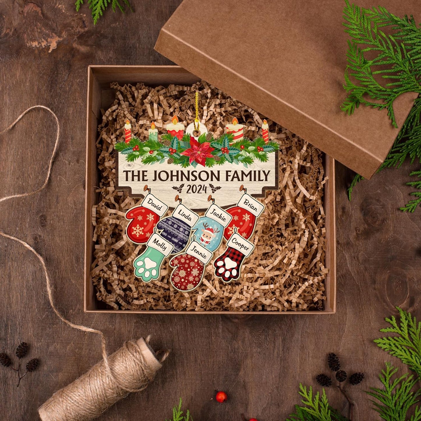 Family with Pet Ver 2 - Personalized Custom Wood Ornament, Family Gloves Christmas Ornament 2024, Xmas Ornament Gifts for Family Tree Decoration (A06, 9 Names)